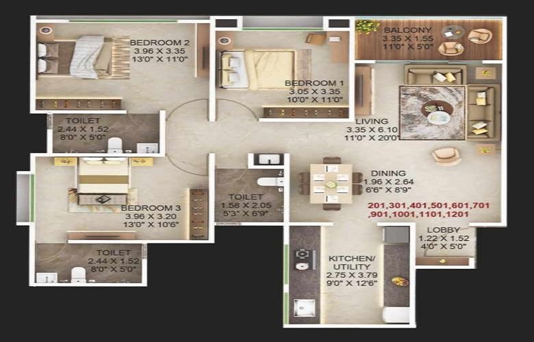 majestique aravali 3bhk floor plan